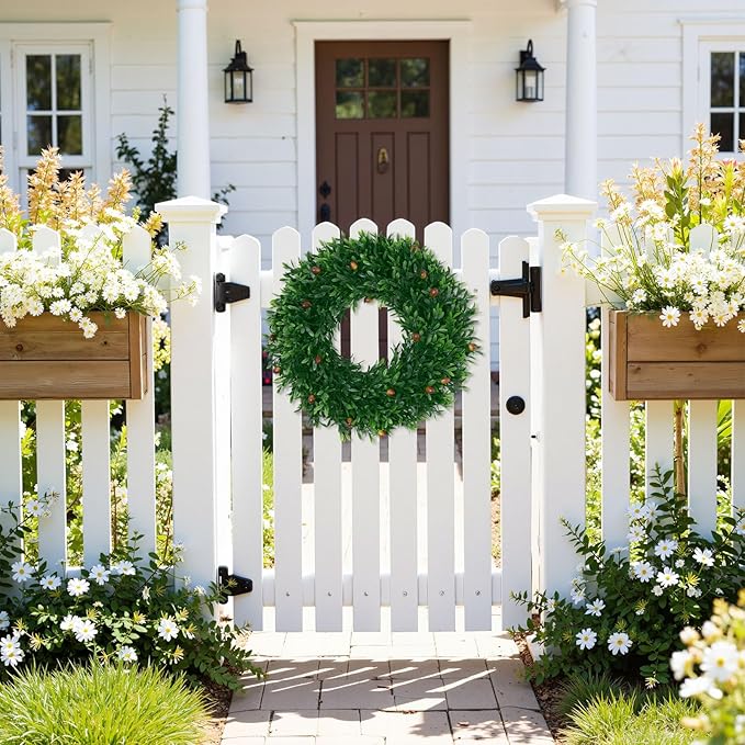 SHACOS Olive Greenery Wreath 17" Artificial Boxwood Front Door Wreaths for Home Wall Window Farmhouse Decoration 100% Plastic Indoor Outdoor