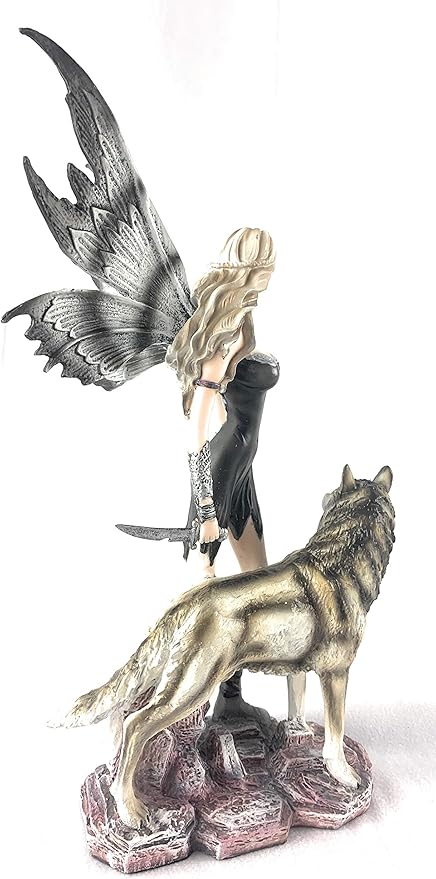 Warrior Fairy and Snow Wolf Fantasy Collectible Statue Figurine, 11X8 inches