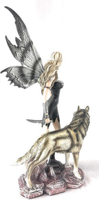Warrior Fairy and Snow Wolf Fantasy Collectible Statue Figurine, 11X8 inches