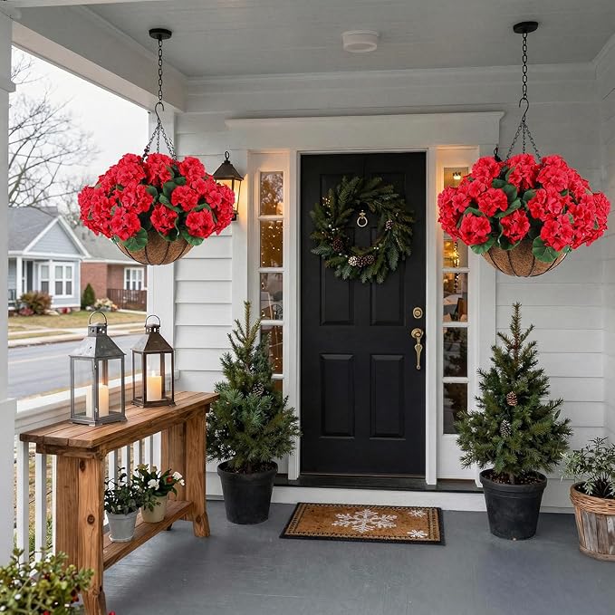 Hananona 2 Set Artificial Red Geraniums Flowers for Outdoors with Hanging Baskets, 2 Hanging Planters with 12 Pcs Red Geranium Flowers for Christmas Front Porch Garden Patio Home Decor (2, Red)