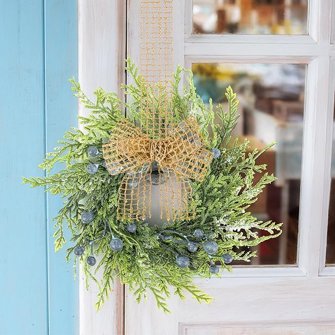 6 PCS Small Spring Summer Blue Berry Cabinet Wreath Artificial Mini Kitchen Wreaths Vintage Swags Wreath with Retro Burlap Ribbon for Farmhouse Rustic Home Front Door Window Pillar Wedding Chair Wall