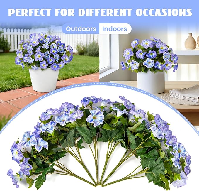 6 Pcs Artificial Petunia Flowers for Outdoor, Fake Spring Petunias Faux Silk Flowers for Outdoors UV Resistant Plants for Planters Garden Porch Patio Window Box Indoor Table Decor(White Blue)