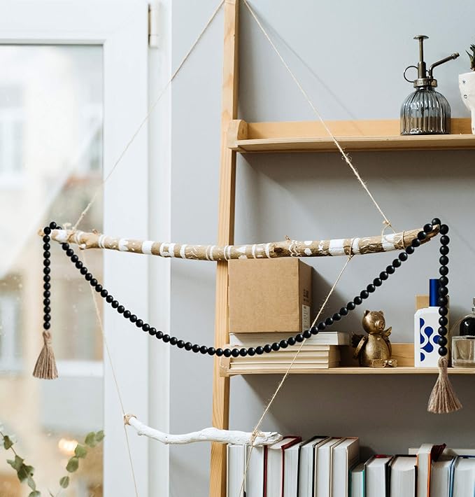 58in Wood Bead Garland with Tassels, Farmhouse Rustic Country Decor Prayer Boho Wall Hanging Decoration (Black)