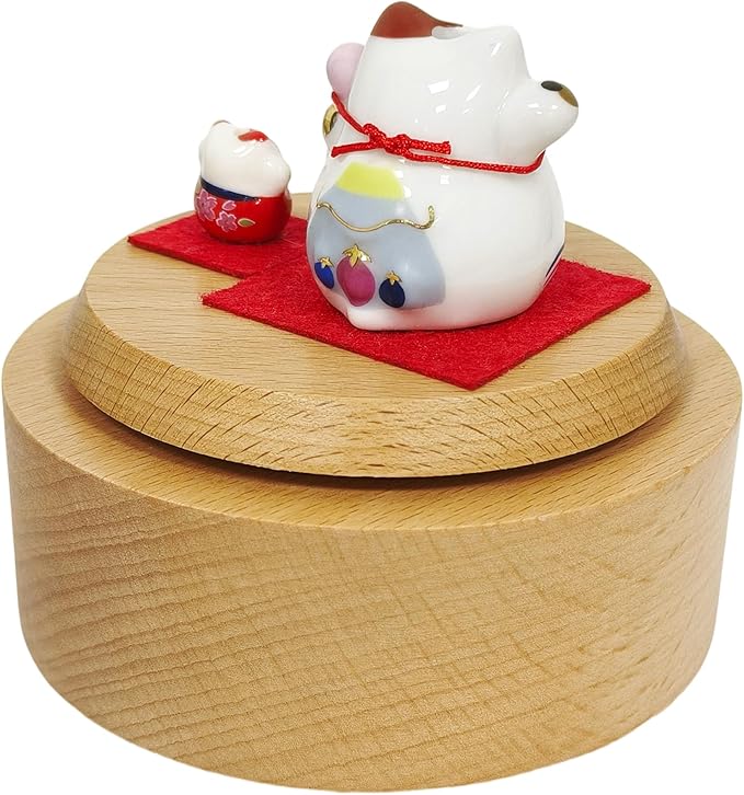 Briskfeel Rotating Lucky Cat Music Box | Ceramic Maneki Neko Figurine on Wooden Base Musical Box | Feng Shui Wealth & Prosperity Decoration | Desk Decor Good Fortune Gift (Lucky Cat)