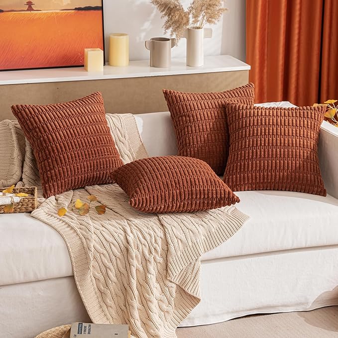 MIULEE Pack of 2 Dark Rust Corduroy Decorative Pillow Covers 20x20 Inch Soft Boho Striped Throw Pillow Covers Modern Farmhouse Home Decor for Summer Sofa Living Room Couch Bed