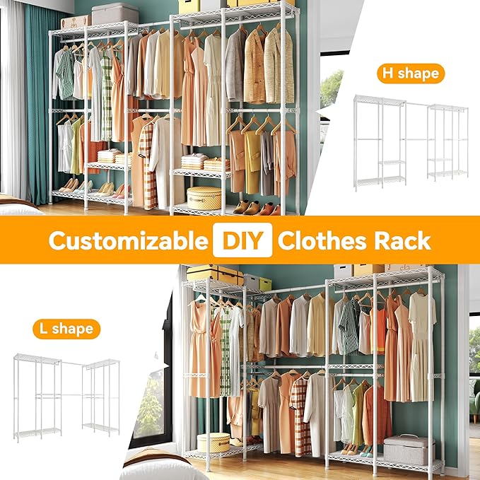 H5 Pro Heavy Duty Clothes Rack Wardrobe Closet for Hanging Clothes, Freestanding Garment Rack with Expandable Hanger Rods, Closet Organizer and Storage, (97.7-115.4")L x 15.7"W x 75.4"H, White