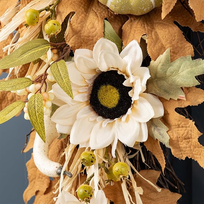 Glitzhome Fall Teardrop Swags for Front Door, 28''H Autumn Swag with Neutral Sunflower, Pumpkin and Leaf, Fall Swags for Front Door, Thanksgiving Harvest Festivals Decor