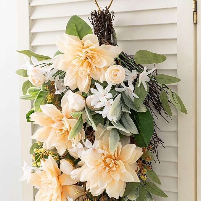Glitzhome Peach Dahlia Floral Teardrop Swag 28" Artificial Spring Teardrop Swag Wreath for Front Door Porch Wall Window Decor