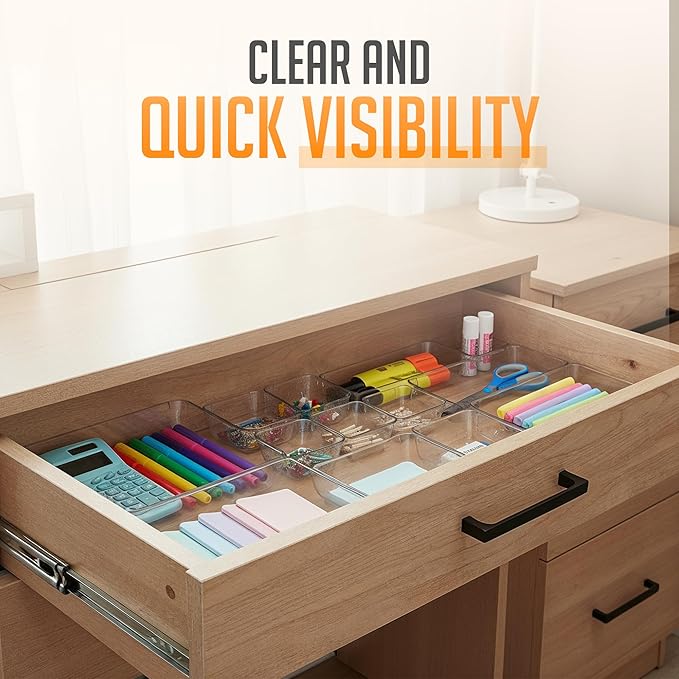 Masirs Clear Drawer Organizers Set 25 PCS – Plastic Storage Bins for Desk, Kitchen, Bathroom, Vanity – Modular, Stackable, Non-Slip Drawer Organizer Trays for Makeup, Utensils, Office Supplies