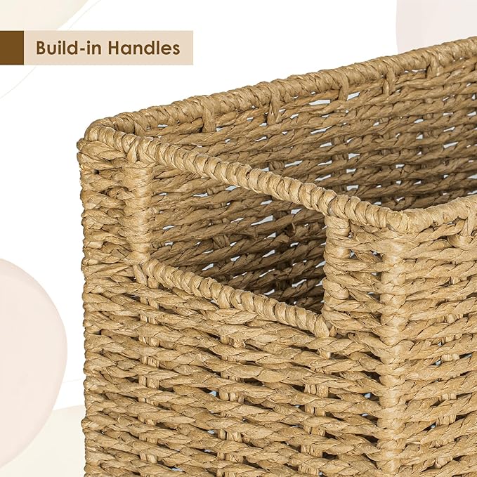 AELS Woven Natural Fibre Magazine Holder, Magazine Rack Floor, Hand-woven Magazine Organizer, Natural Paper Rope Magazine Basket with Handles, Boho Modern Farmhouse Book Basket, Newspaper Holder