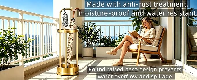 Golden Metal Umbrella Stand, 65cm Freestanding Umbrella Holder with Hooks, Round Base Umbrella Rack for Long & Foldable Umbrellas, Sturdy Iron Umbrella Organizer for Entryway, Home, Office, Hotel