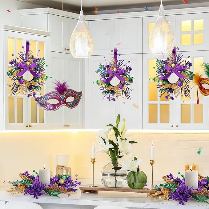 6 PCS Mardi Gras Purple and Green Glitter Mini Cabinet Wreaths for Front Door Carnival Party Decor Wreath Mardi Gras Hanging Garlands Candle Rings for Front Door Home Window Chair Wall Indoor Outdoor
