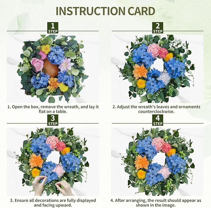 Spring Wreaths for Front Door 24 Inch, Spring Summer Front Door Wreath with Hydrangea & Eucalyptus, Artificial Floral Wreath for Porch Garden Patio Wall Window Indoor Outdoor Home Decor