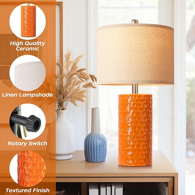 PARTPHONER 23" Modern Ceramic Table Lamp Set of 2, Table Lamps for Living Room, Rustic Farmhouse Bedside Lamps Nightstand lamp for Bedroom, Desk Lamp for End Table Home Decor Orange