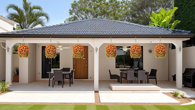 Artificial Flowers with Hanging Basket, Outdoor Faux Plants Silk Morning Glory Vines, Fake Green Arrangement for Garden Patio Spring Summer Decor(Orange)