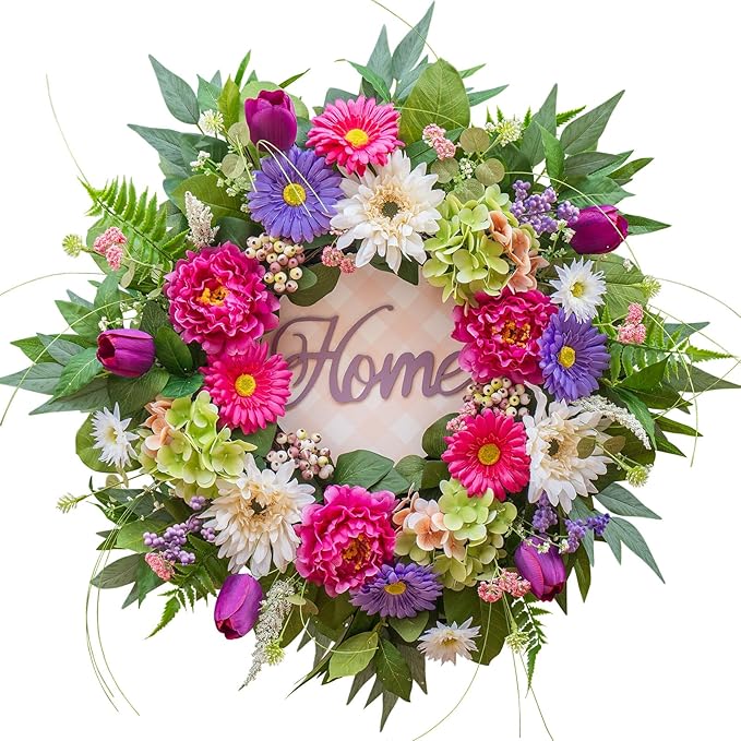 Spring Wreaths for Front Door- 24Inch Summer Wreaths with DIY Wooden Home Sign, Artificial Hydrangea, Peony, Tulip & Gerbera Flowers, Spring and Summer Door Wreaths for Indoor Outdoor Decor