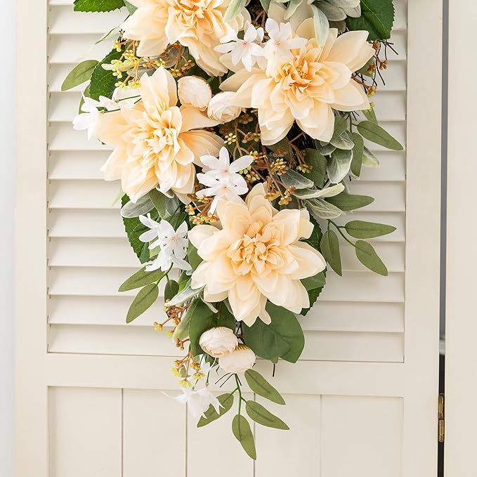 Glitzhome Peach Dahlia Floral Teardrop Swag 28" Artificial Spring Teardrop Swag Wreath for Front Door Porch Wall Window Decor