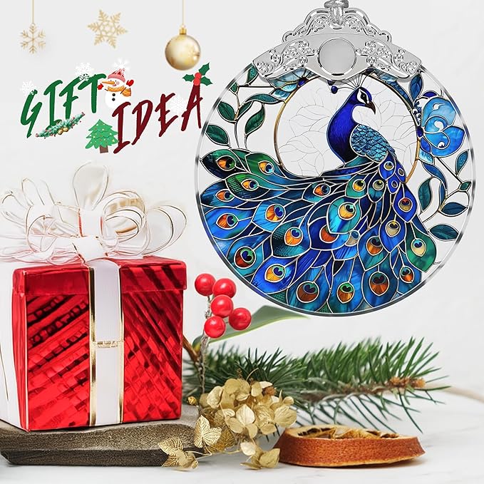 Stained Glass Suncatcher Ornament - Peacock Christmas Decorations - Christmas Ornaments for Tree - Holiday Present Ideas - Gift Exchange