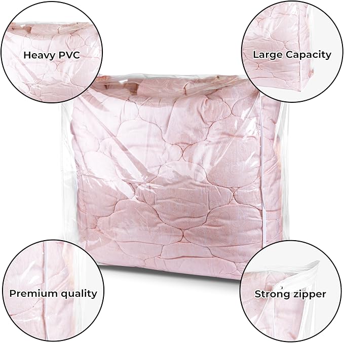 Set of 2 Zippered Vinyl Storage Bag, 24x20x11 Inch, Clothes Bag Organizer, Space Saver PVC Comforter Clear Storage Bags for Blanket