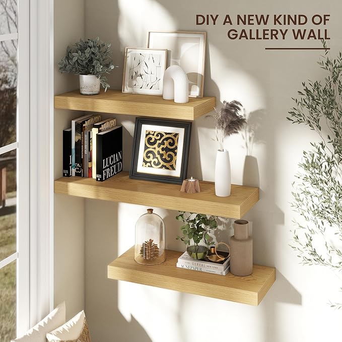 Venusmiles Floating Shelves for Wall, 30" W x 12" D x 2" H, 2 Pack of Long Wall Mounted Engineered Wood Shelves with Invisible Brackets for Living Room, Bedroom, Bathroom, Kitchen Decor, Oak