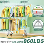 Heavy Duty Rolling Clothes Rack with Double Rods for Hanging Clothes, Adjustable & Extendable Metal Clothing Rack, Garment Rack With Wheels Shelf, Sturdy Freestanding Closet Rack, 100% Stainless Steel