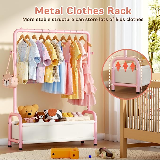 Kids Clothing Rack with Storage Shelf, Kids Dress Up Storage for Coats, Small Baby Garment Rack for Hanging Clothes, Toddler Wardrobe Closet Organizer (Classic, Pink)