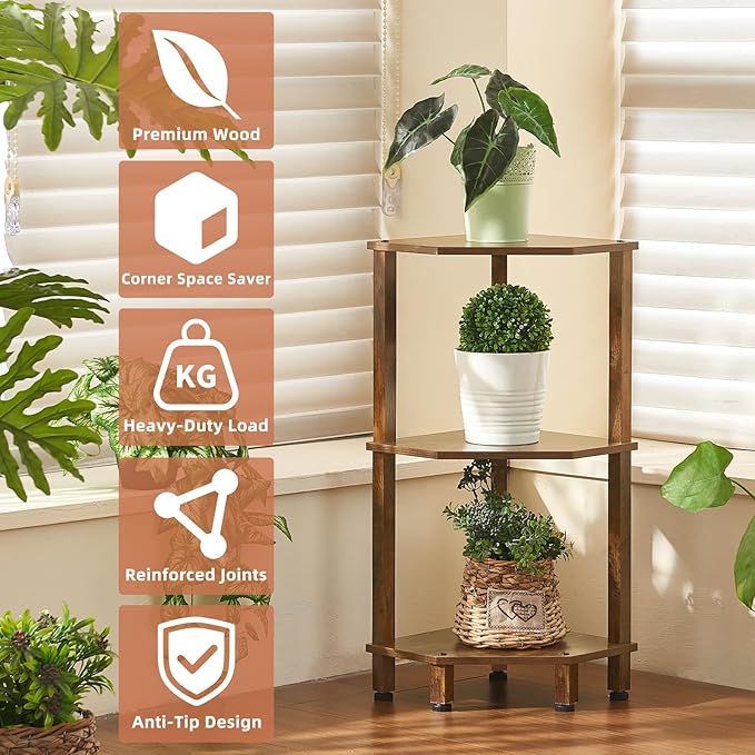 YUFAM 3-Tier Corner Shelf with Sturdy 5-Leg Base, Wooden Corner Bookshelf for Small Spaces, Small Corner Table for Living Room, Bedroom, Office, Brown
