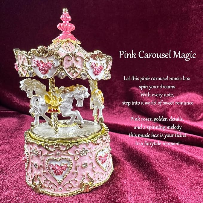 Carousel Music Box Figurine Pink Enamel, Rose Accents, Golden Details, Ideal Home Decor & Gift Giving