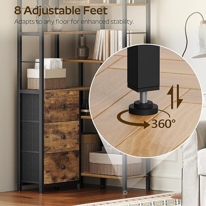 YATINEY Corner Bookshelf, 7 Tier L-Shaped Bookcase with 3 Drawers, Storage Corner Shelf, Freestanding Tall Display Shelf, Industrial Style, for Living Room, Home Office, Rustic Brown and Black SJ10BR