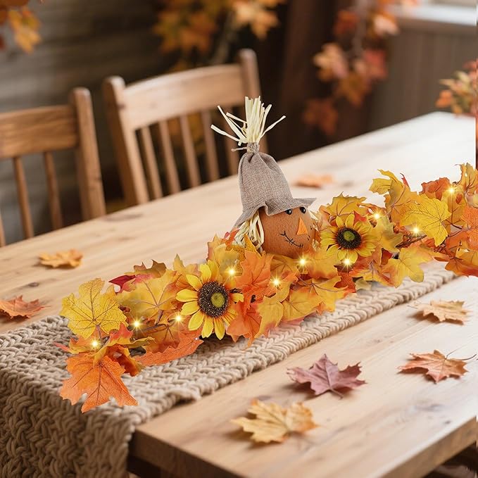 winemana 31.5in Outdoor Fall Decor for Mailbox, Lighted Fall Swag with 8 Modes & Timer, Autumn Scarecrow & Sunflower Thanksgiving Table Centerpiece Decorations