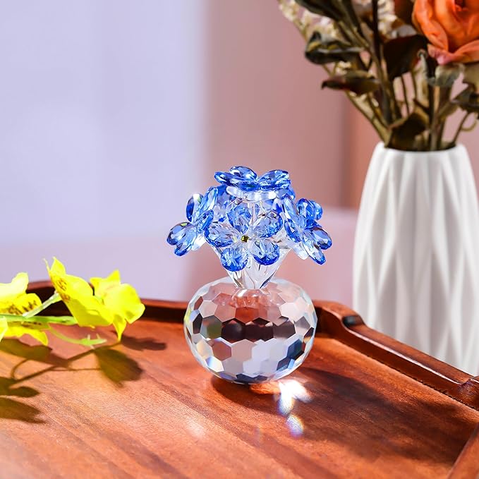 Qianwei Blue Crystal Flowers Figurine - Forget Me Not Gifts Sympathy Glass Flowers Collectible Figurines Decor Paperweight Ornament Home Office Table Desk Decorations