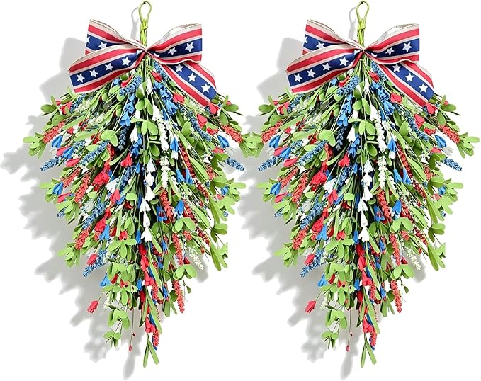 2 Pack 21'' Patriotic Teardrop Swag Wreaths for Cabinets Artificial 4th of July Swag Wreath with Red White Blue Floral and Berries for Independence Day Memorial Day Front Door Porch Window Wall Decor