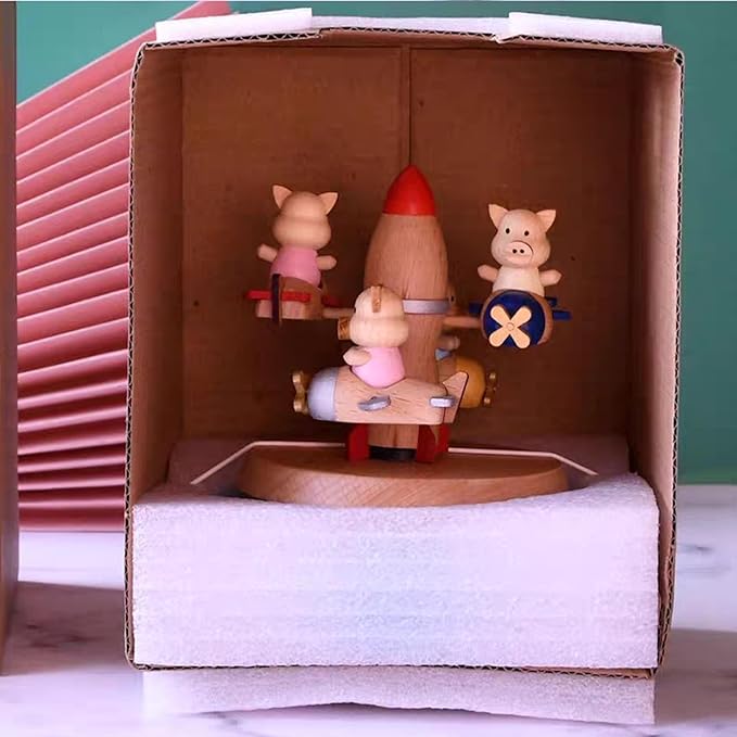 Natural Solid Wood Handcrafted Beech Wooden, Musical FigureTotoro/Carousel/Fairy/Ballerina Figurine,Rotating Hand Crank Mechanism Music Box,Musical Decorations (Little Pigs on the Plane)