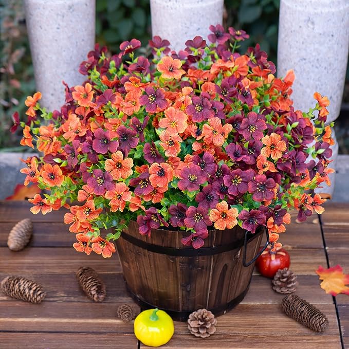 Artificial Faux Mums Flowers Plants for Outdoors Outside Fall Autumn Decoration,12 Bundles Realistic Fake Flowers Plant Greenery Silk Daisy UV Resistant Planters Porch Patio Garden（Orange Burgundy）