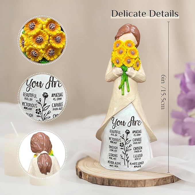 Christian Figurine for Women – “You are” Sunflower Resin Doll with Bible Verses – Hand-Painted Spiritual Statue Decor – Religious Faith Gift for Women – Home & Church Christmas Keepsake