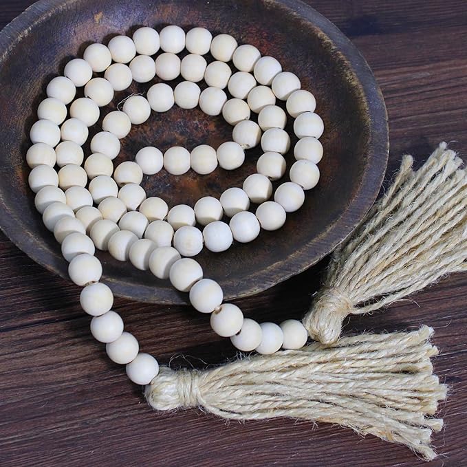 Farmhouse Decor Beads 60in Wooden Bead Garland with Tassels Rustic Minimalist Home Accent Prayer Country Boho Decoration for Wall Hanging Living Room Table Mantle Shelf Decor, Natural