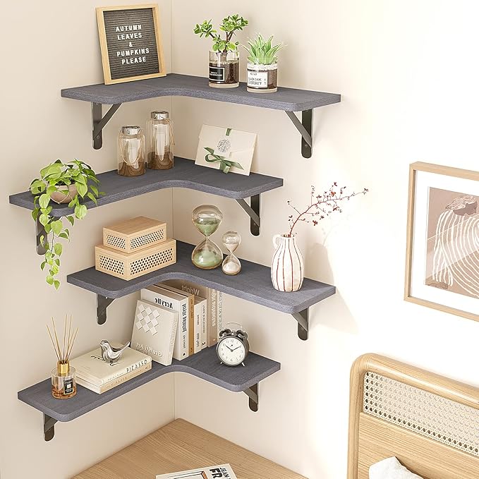 Fixwal Corner Floating Shelves Set of 5, Rustic Wood Wall Mounted Corner Shelf for Bathroom, Kitchen, Bedroom, Home Decor, Laundry Room, Living Room(Gray)