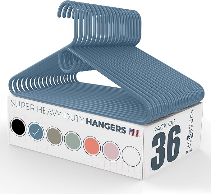 Neaties Super Heavy Duty Clothes Hangers 36 Pack – Made in the USA - 10lb Capacity, Thick Plastic Hangers for Pants, Coats, Jackets, Jeans and Adult Clothing – Blue