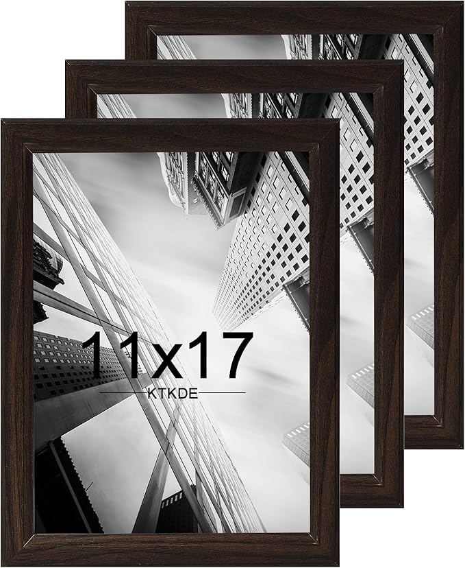 KTKDE 11x17 Picture Frame Set of 3,Walnut Wooden frames, Vertical & Horizontal Wall Hanging for Wall Display,Studio Gallery Photo Frame for Photos, Posters & Art Prints