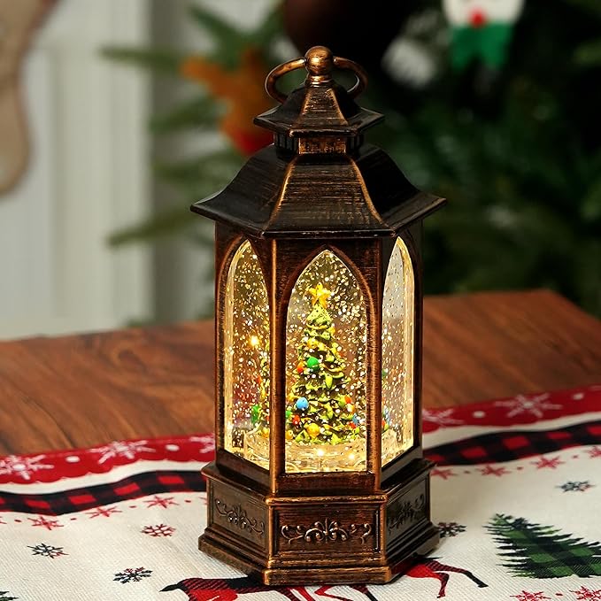 Christmas Snow Globe Lantern Water Glittering Christmas Tree Crown with Music, USB Lined/Battery Operated Lighted Lantern for Christmas Festival Decoration Gifts