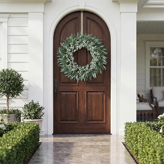 32'' Eucalyptus and Babys Breath Flowers Wreath for Front Door - Large Artificial Greenery Outdoor Wreath for Porch,Window,Farmhouse,Home,Hanging Decor- Spring, Summer, All Seasons (Green-White)