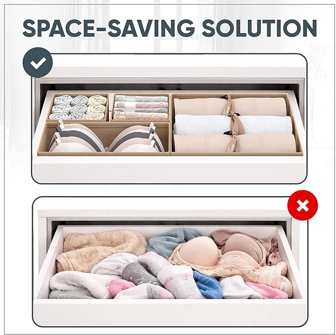 Drawer Organizer Clothes – Set of 6 Foldable Fabric Storage Bins for Dresser & Closet, Strong Structure, Fragrance Sachets Included, Organize Underwear, Socks, Baby Items, Cream