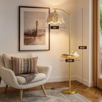 Oneach Floor Lamp with Table for Bedroom, Boho Standing Lamps with Foot Switch, Farmhouse Floor Lamp for Living Room, Arc Rattan Lamps with Gold Metal Base & Pole, Ideal for Home Décor