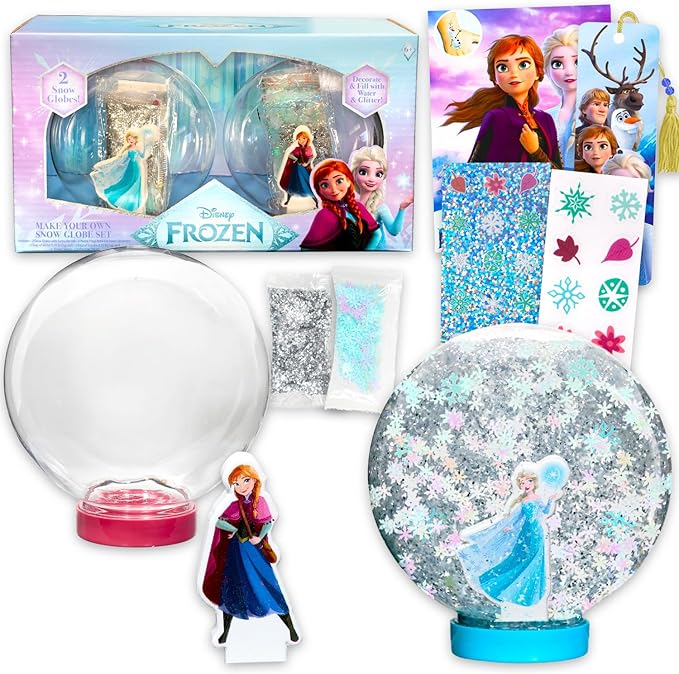 Disney Frozen DIY Snow Globe for The Holidays Set - Bundle with 2 Create Your Own Snow Globes Featuring Ela & Anna Plus Tattoos, More | Disney Frozen Snow Globe Home Decorations