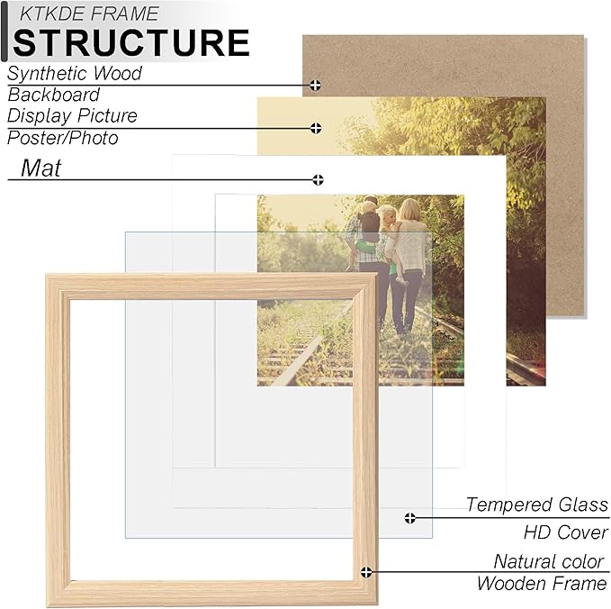 KTKDE 8x8 Picture Frame Real Glass, Display Pictures 4x4 with Mat or 8x8 Without Mat, Modern Style Wood Composite Frame,Gallery Wall Frame & Table Top Display，best gift