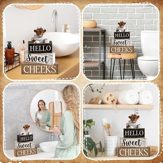 Moucuny 4 Pcs Bathroom Shelf Decor Highland Cow Farmhouse Bathroom Decor and Accessories Rustic Eucalyptus Leaves Hello Sweet Cheeks Highland Cow Sign Western Table Centerpiece for Home Office Toilet