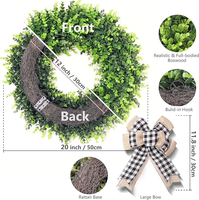 Set of 2, 20‘’ Boxwood Wreath for Front Door, Porch, Window - Foldable Greenery Boxwood Wreaths for Farmhouse Wedding Indoor Outdoor Decor - Spring, Summer, Fall, All Seasons (with Bow)