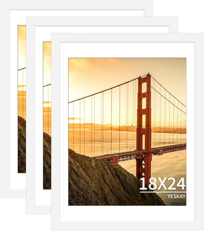 18x24 Picture Frame White Set of 3, Display Pictures 16x20 with Mat or 18 x 24 Without Mat, Poster Frames 18x24 for Wall Hanging Horizontal and Vertical