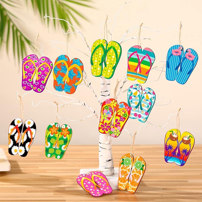 Geelin 36 Pcs Summer Wood Hanging Ornaments for Tree Mini Tree Decorations Hawaiian Beach Wooden Pendant Decorations with String for Luau Party Supplies(Slipper)