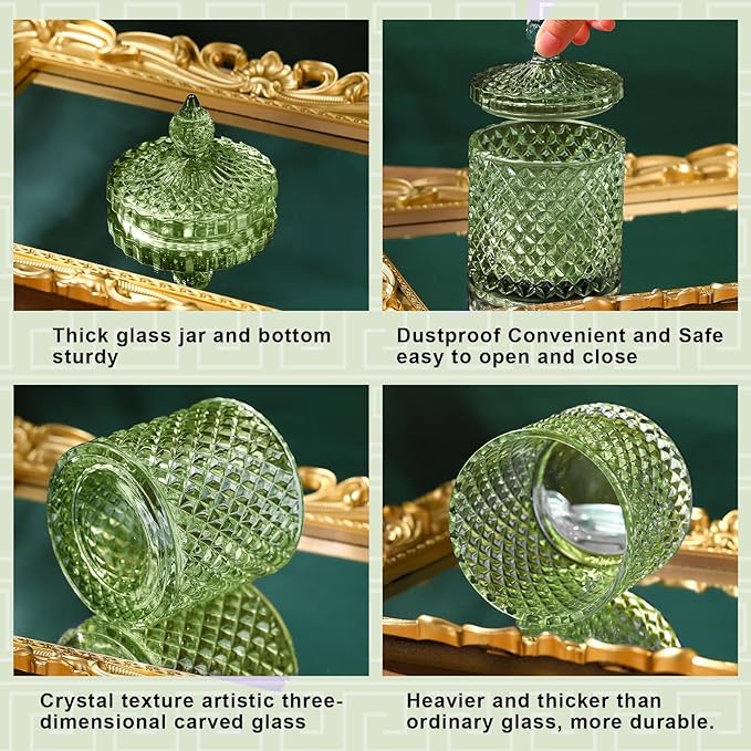Aoriher 4 Pcs Crystal Glass Candy Jar Set with Lids Home Decorative Storage Jars for Apothecary, Bathroom, Kitchen, and Pantry, Ideal for Cotton Swabs and Jewelry (Medium,Green)